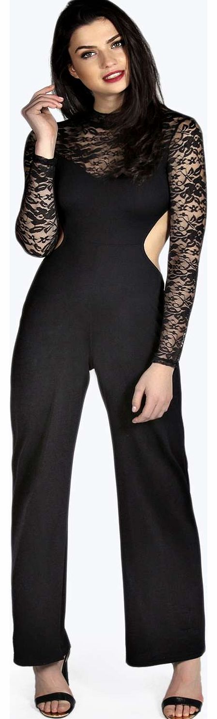 boohoo Loraine High Neck Lace Sleeve Open Back Jumpsuit
