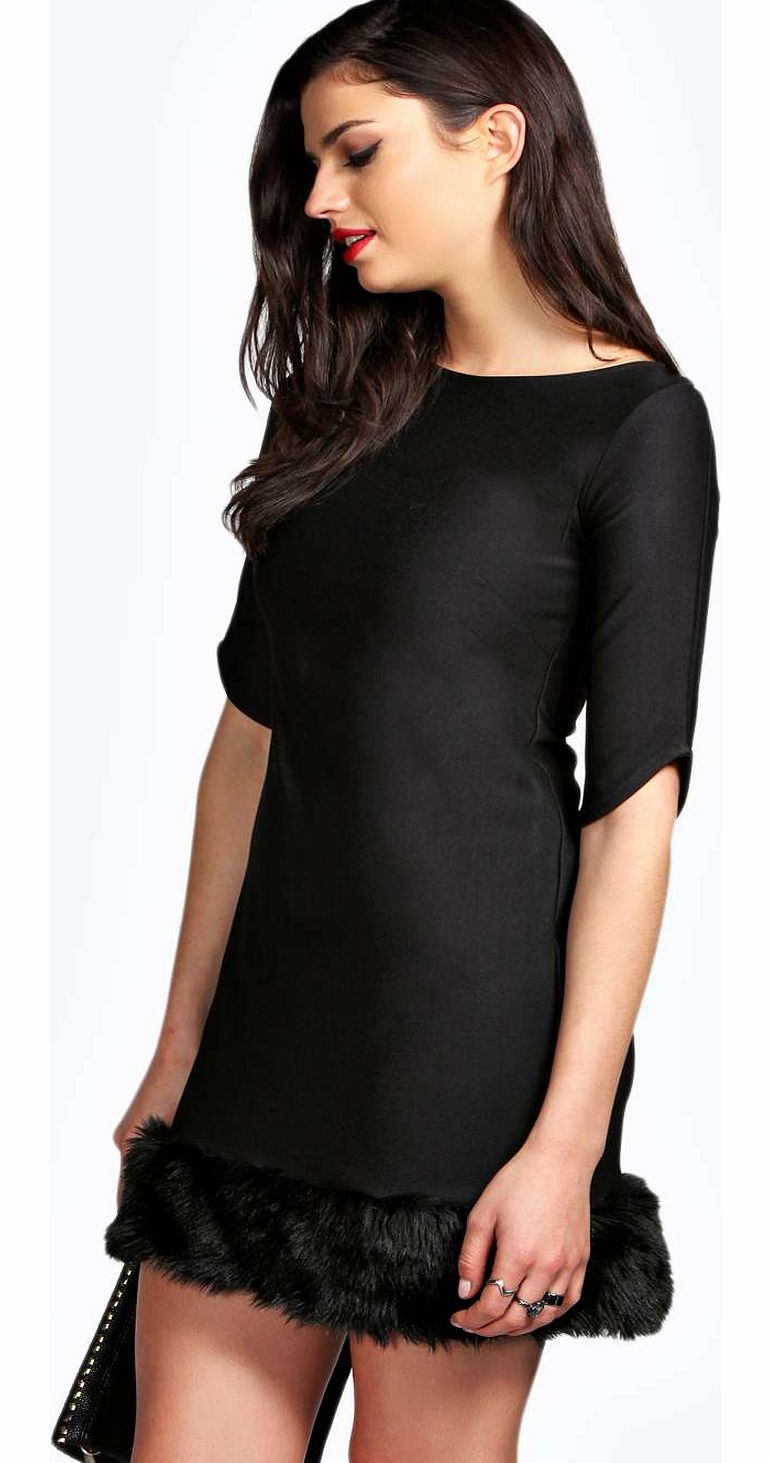 Lorena Fur Hem Trim Shift Dress - black azz15213