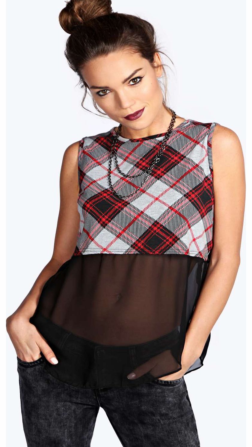 boohoo Lottie Checked Chiffon Hem Oversized Tee - red