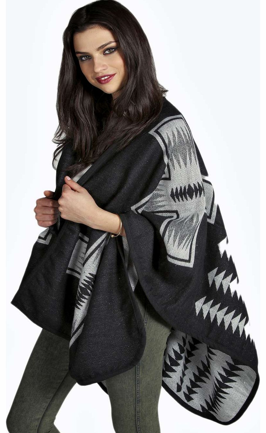 boohoo Louise Aztec Blanket Cape - black azz16968