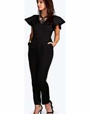 boohoo Louise Crepe Cape Detail V Neck Jumpsuit - black