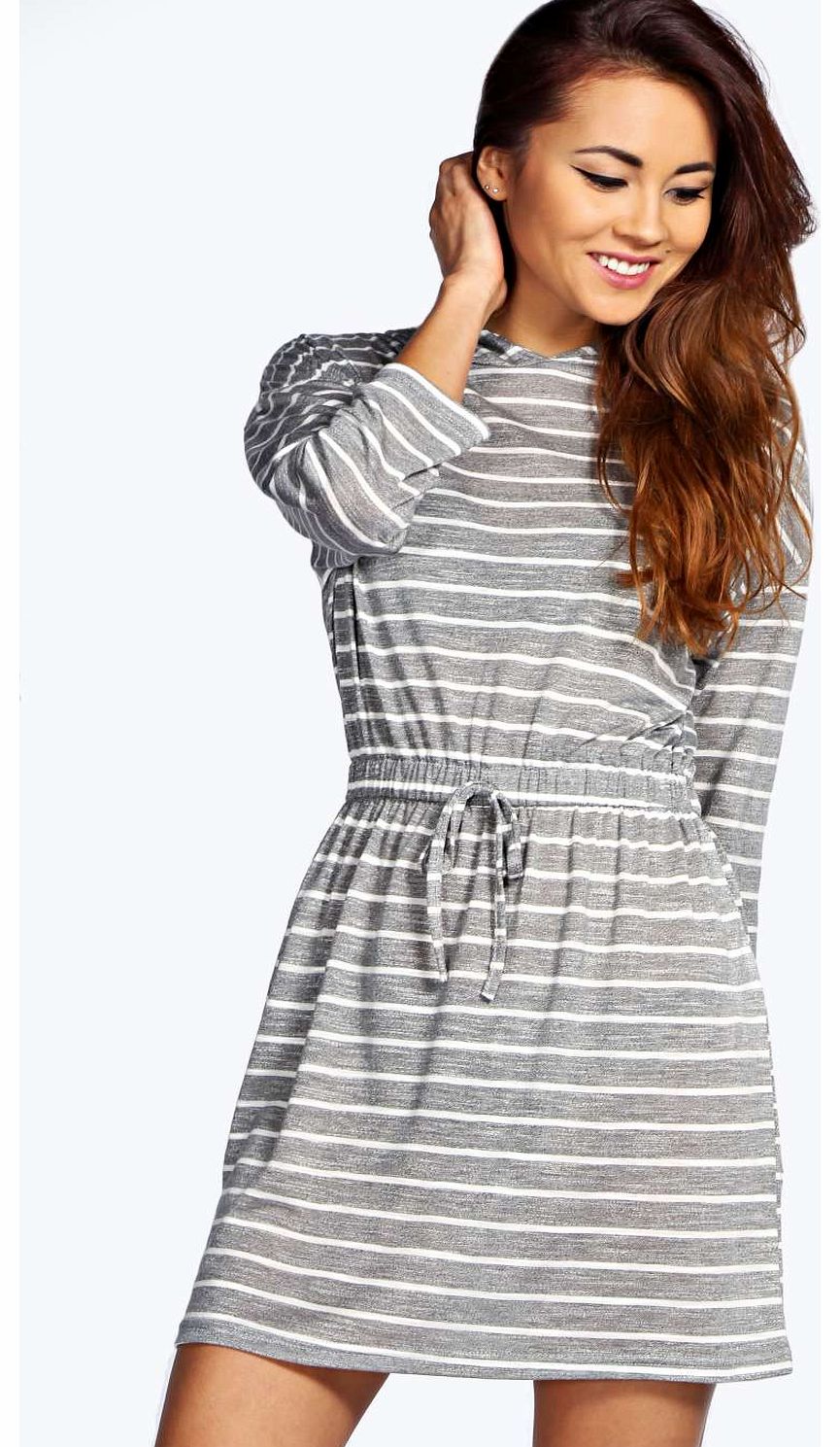 boohoo Louise Hooded Drawstring Striped Dress - grey