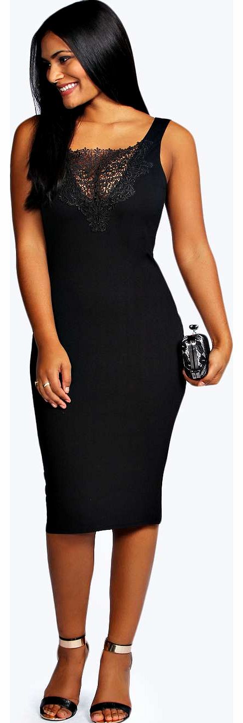 boohoo Louise Lace Insert Bodycon Midi Dress - black