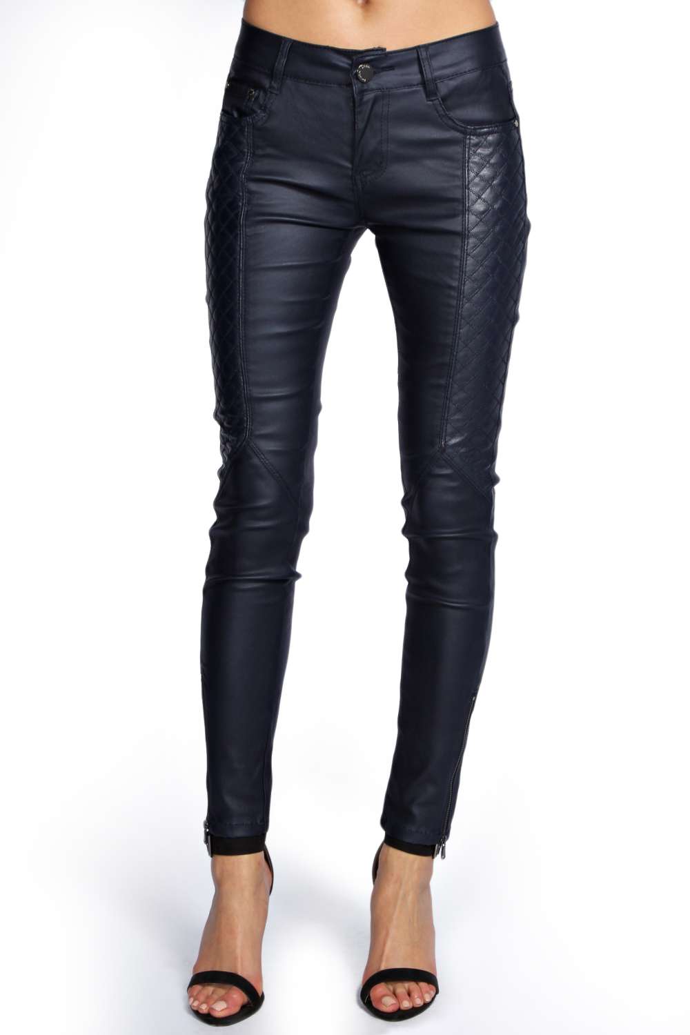 boohoo Lousie Navy Motorcycle Wet Look Trousers