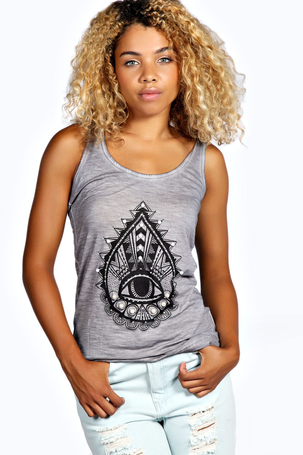 Lucy Embellished Eye Print Vest - grey