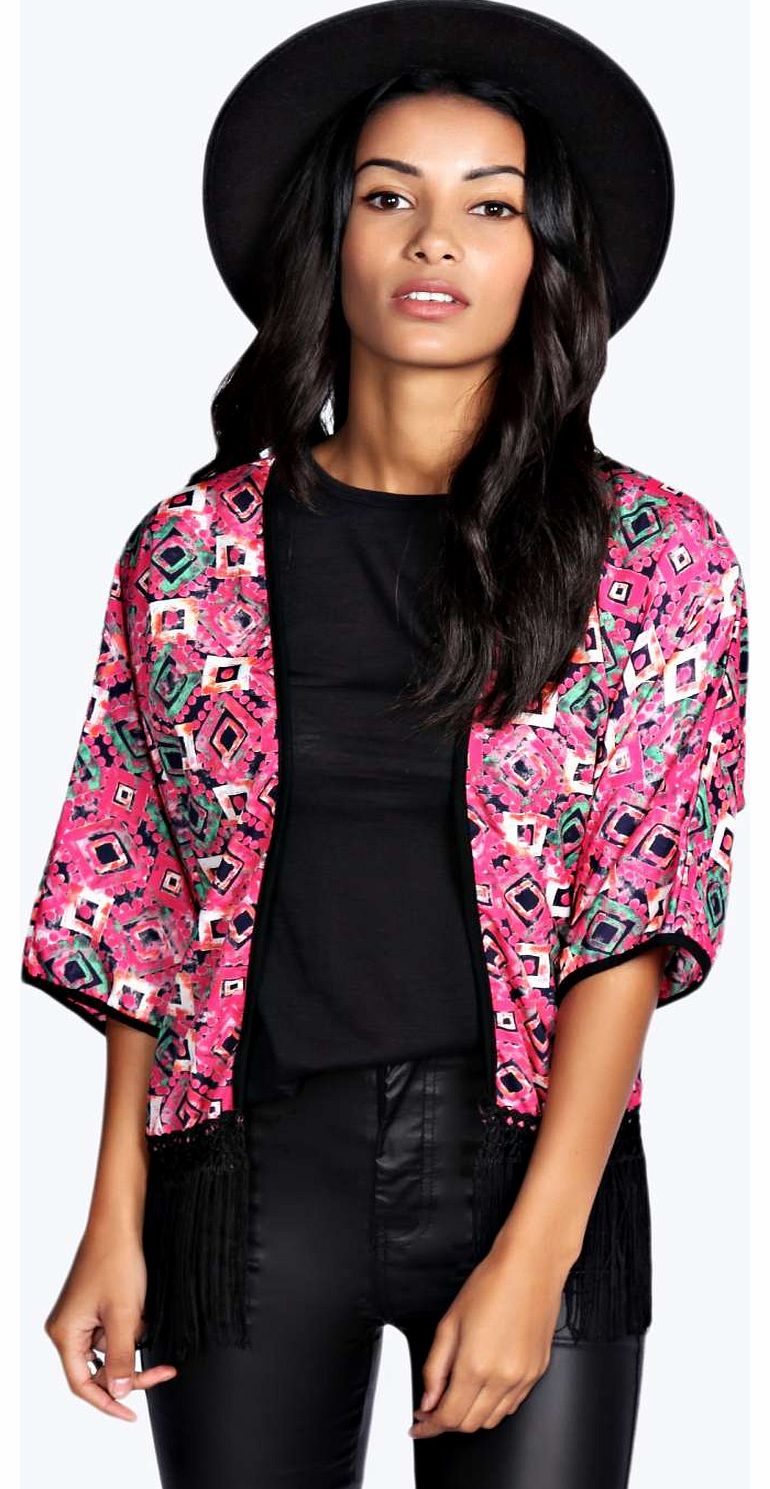 boohoo Luisa Tassel Printed Kimono - black azz18636