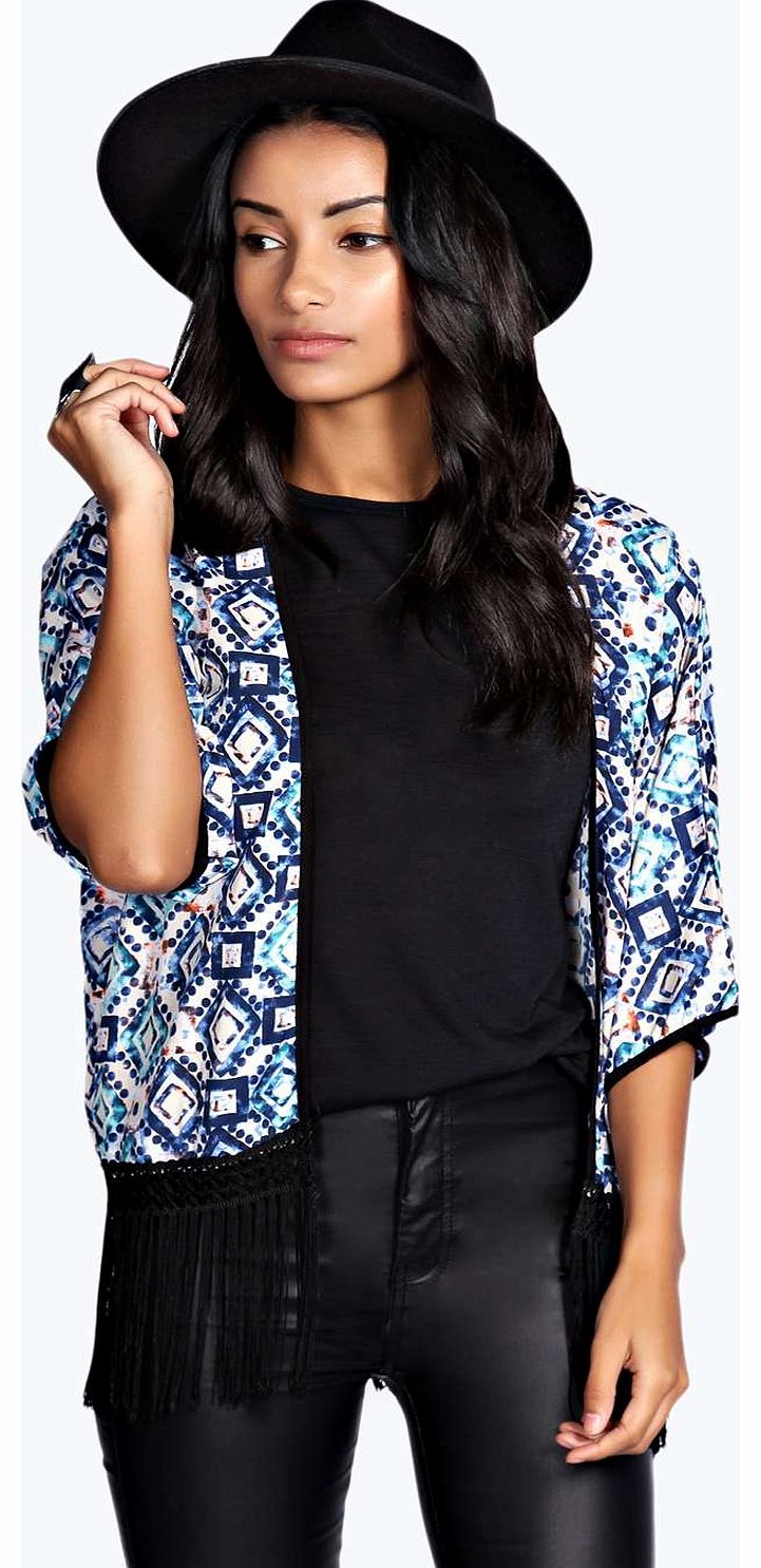 boohoo Luisa Tassel Printed Kimono - blue azz18636