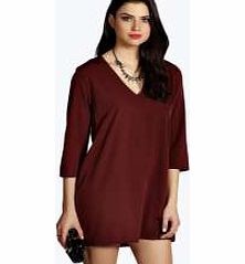 boohoo Lydia Deep V Front 3/4 Sleeve Shift Dress - plum