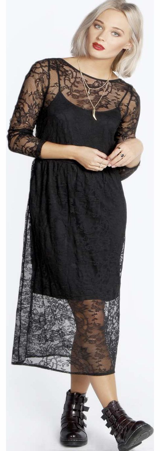 Lydia Lace Midi Smock Dress - black azz18339