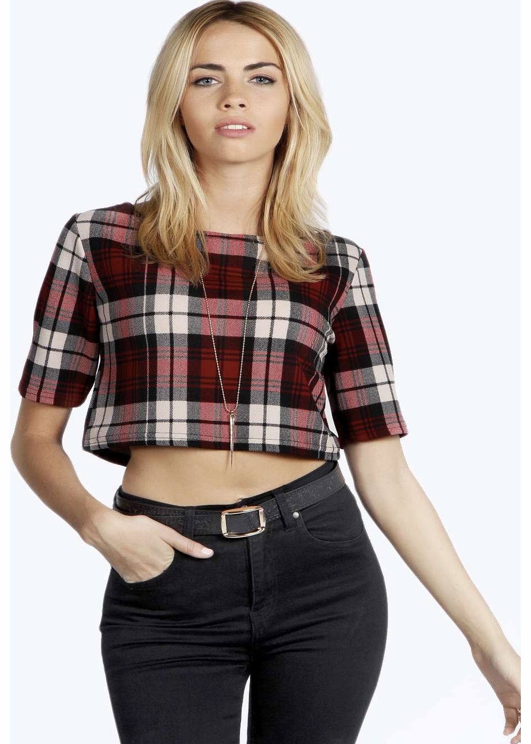 boohoo Lydia Tartan Crepe Boxy Half Sleeve Shell Top -