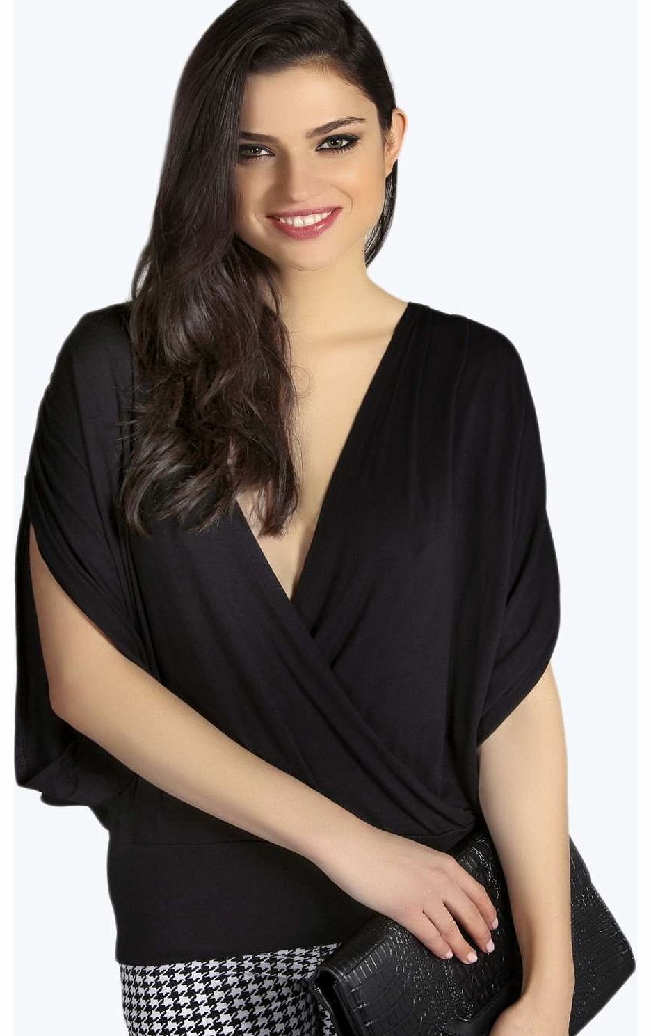 Mae Deep Plunge Batwing Top - black azz17883