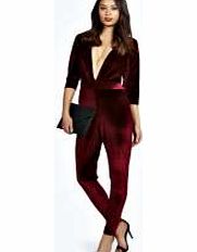 Maisie Velvet Plunge Neckline Jumpsuit - berry