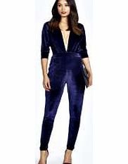 boohoo Maisie Velvet Plunge Neckline Jumpsuit - navy