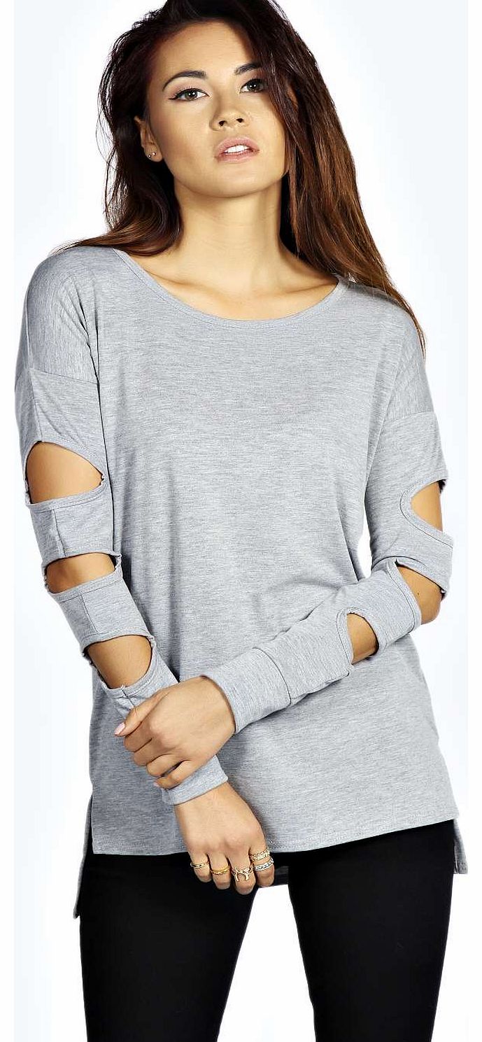 boohoo Maria Caged Sleeve Dipped Back Top - grey marl
