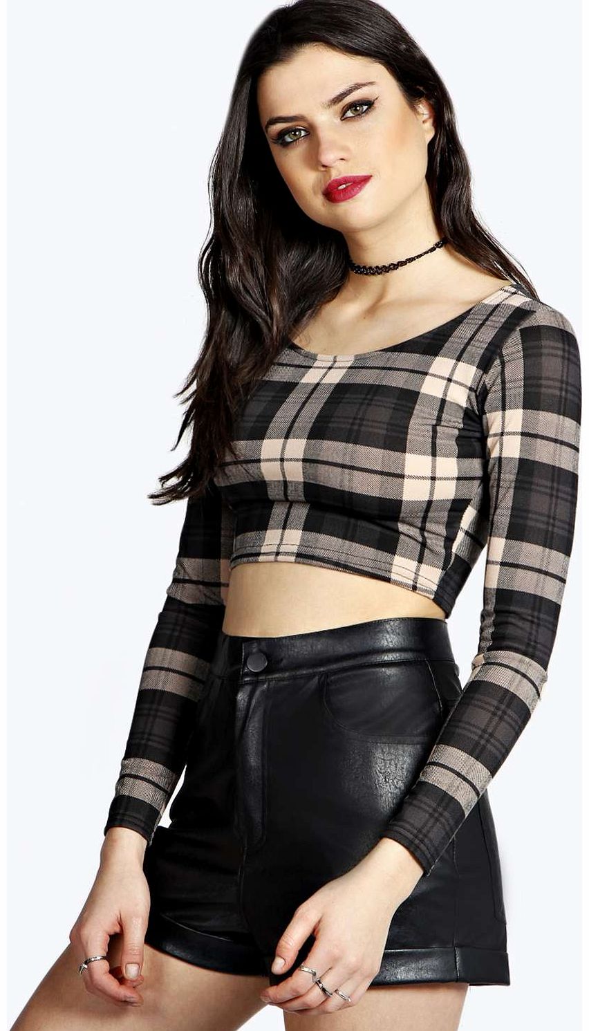 boohoo Maria Check Tartan Texture Long Sleeve Crop -