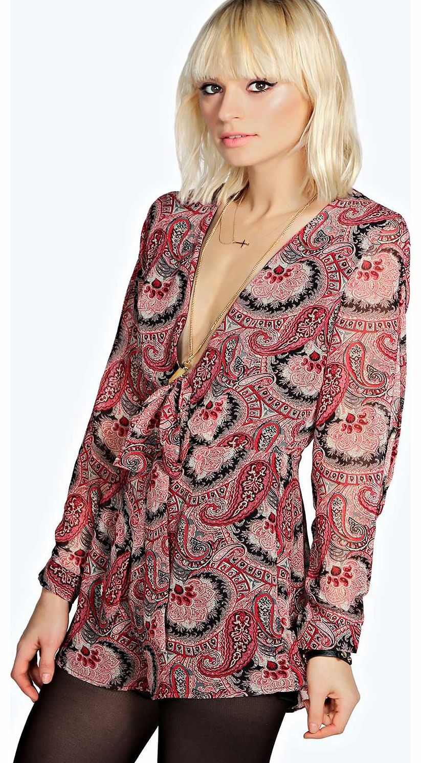 boohoo Maria Paisley Knot Front Chiffon Playsuit -
