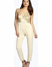 boohoo Maria Strappy Sequin Top Jumpsuit - stone azz21715