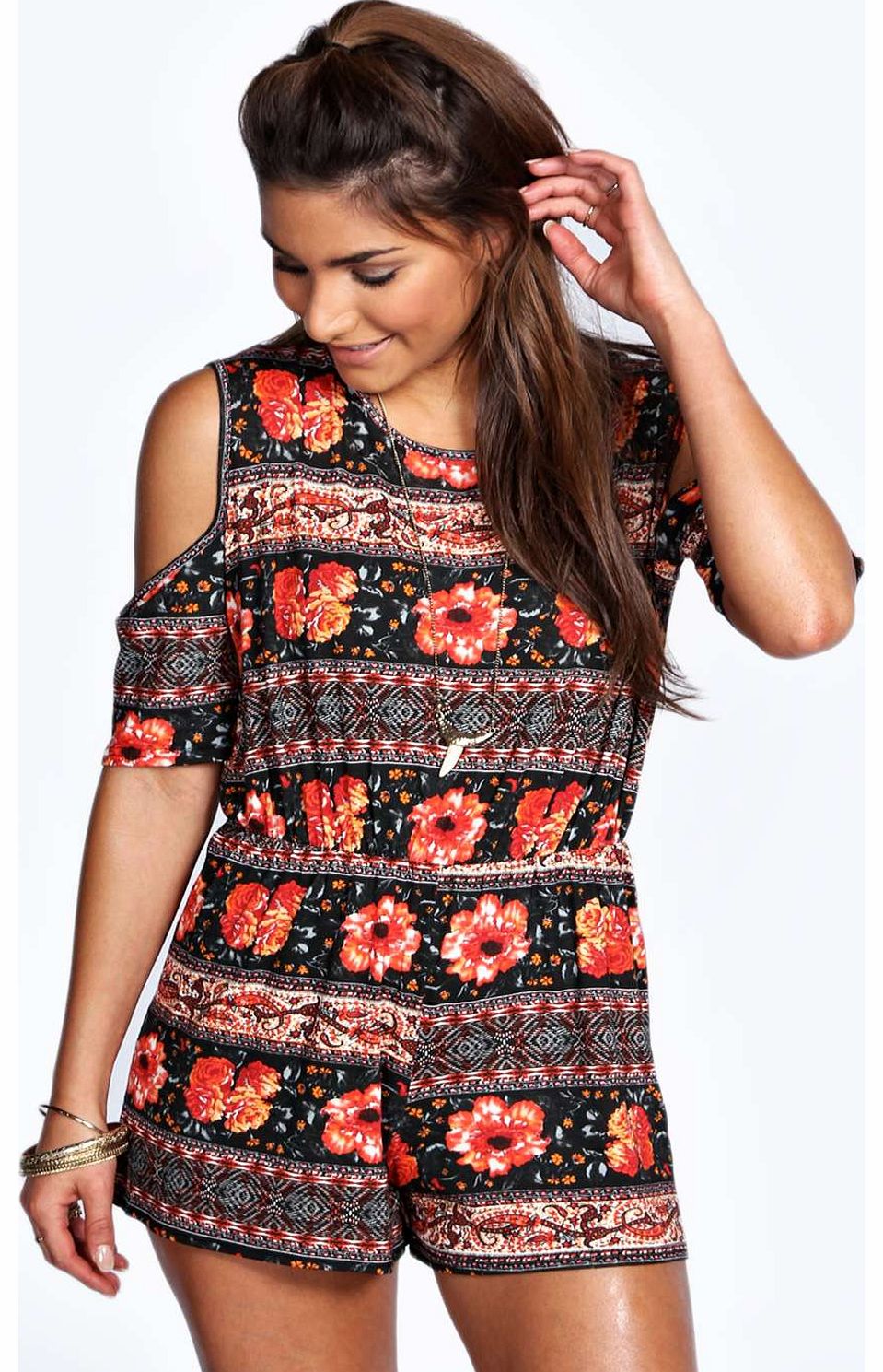 boohoo Marie Cold Shoulder Paisley Floral Playsuit -