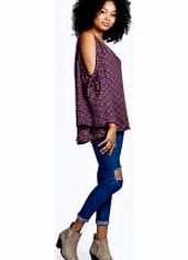 boohoo Marnie Folk Print Open Sleeve Woven Blouse -
