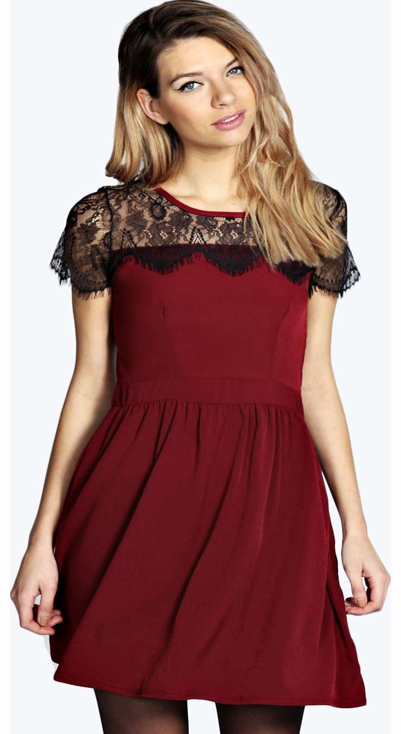 boohoo Marriet Eyelash Lace Skater Dress - berry azz18773