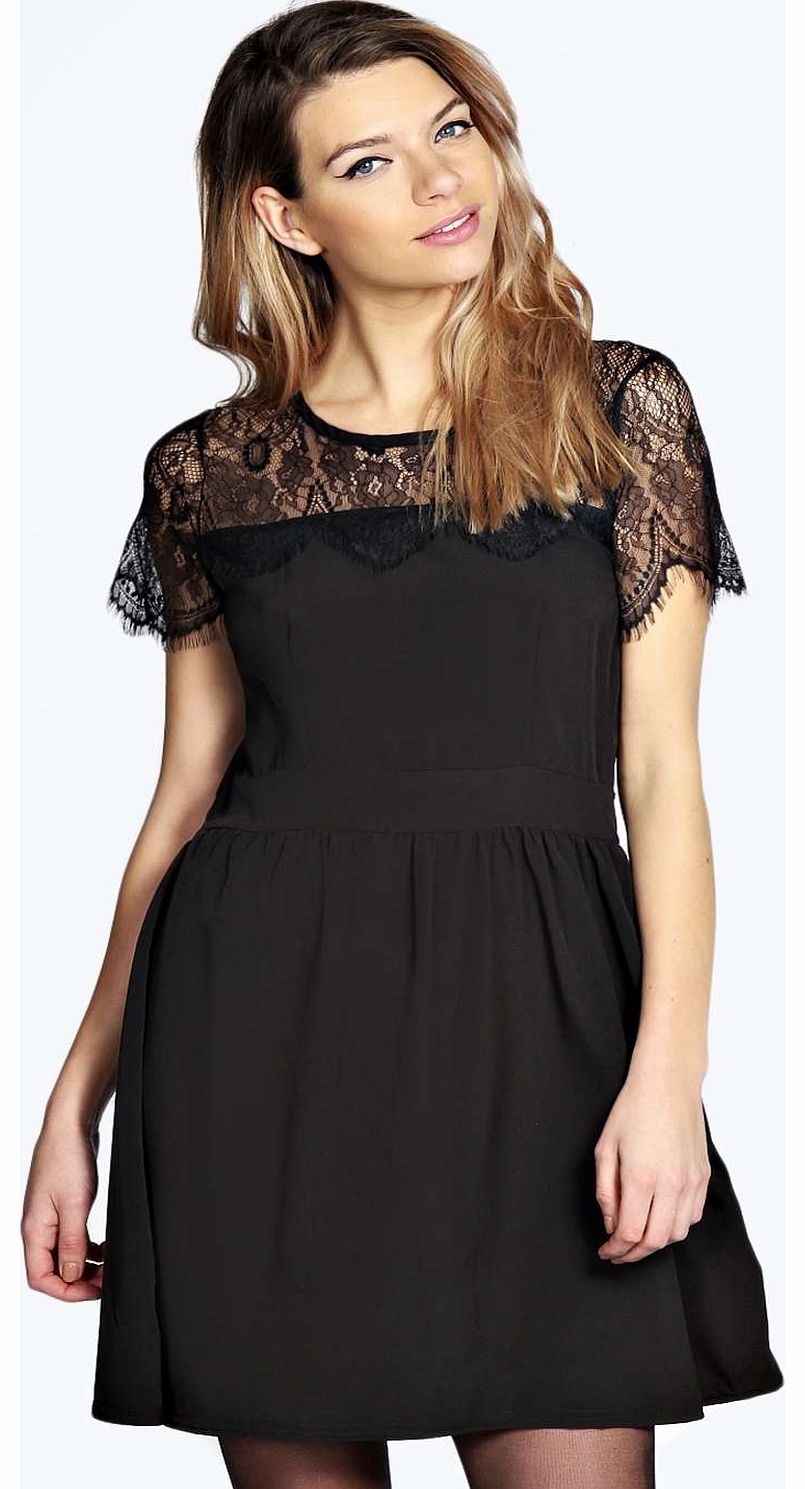 boohoo Marriet Eyelash Lace Skater Dress - black azz18773