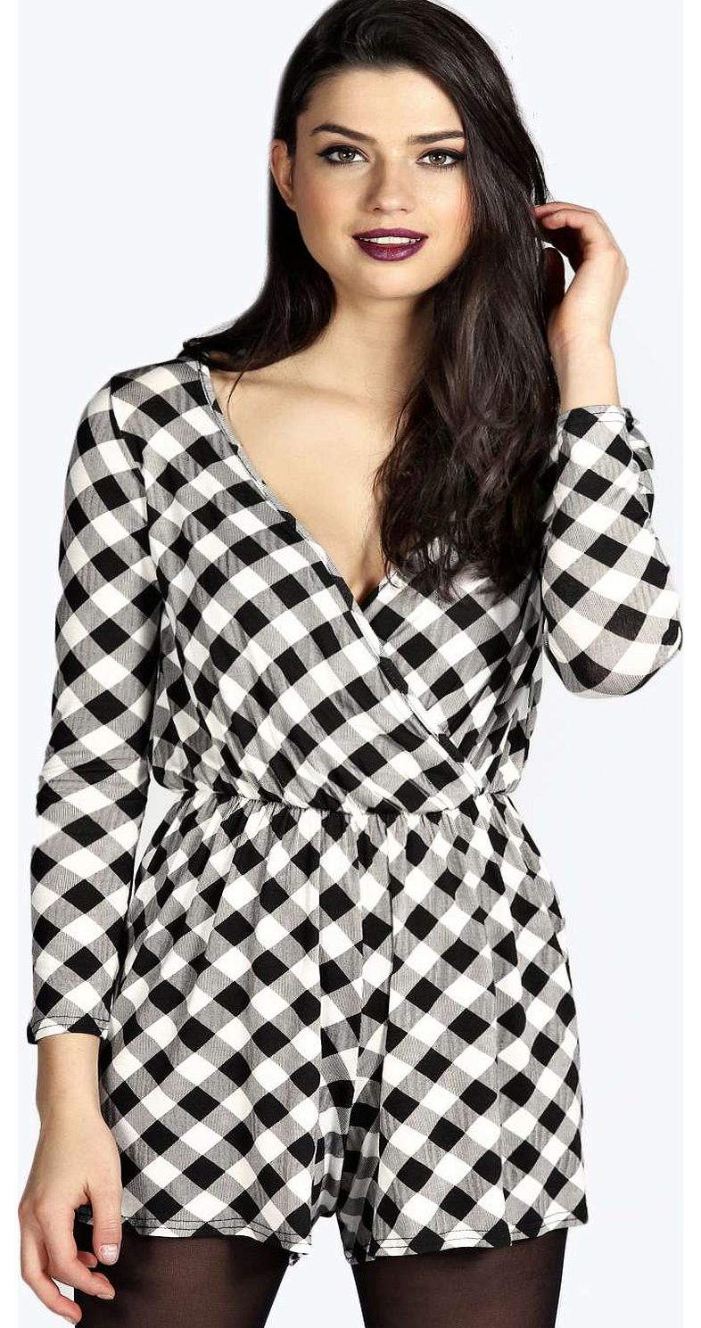 boohoo Mary Wrap Over Sleeved Monochrome Playsuit -