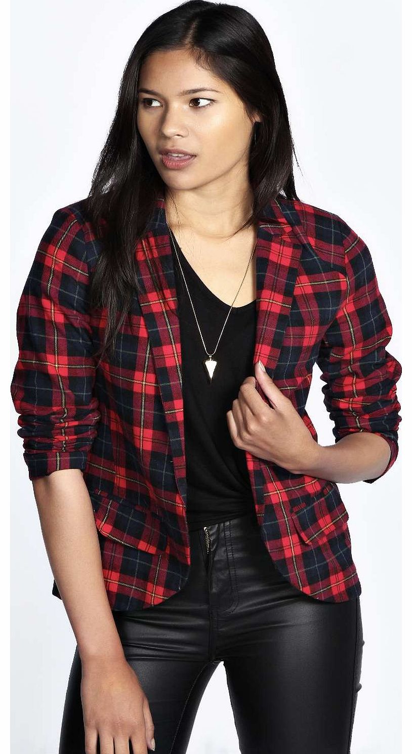 boohoo May Tartan Brushed Wool Look Blazer - red azz19197