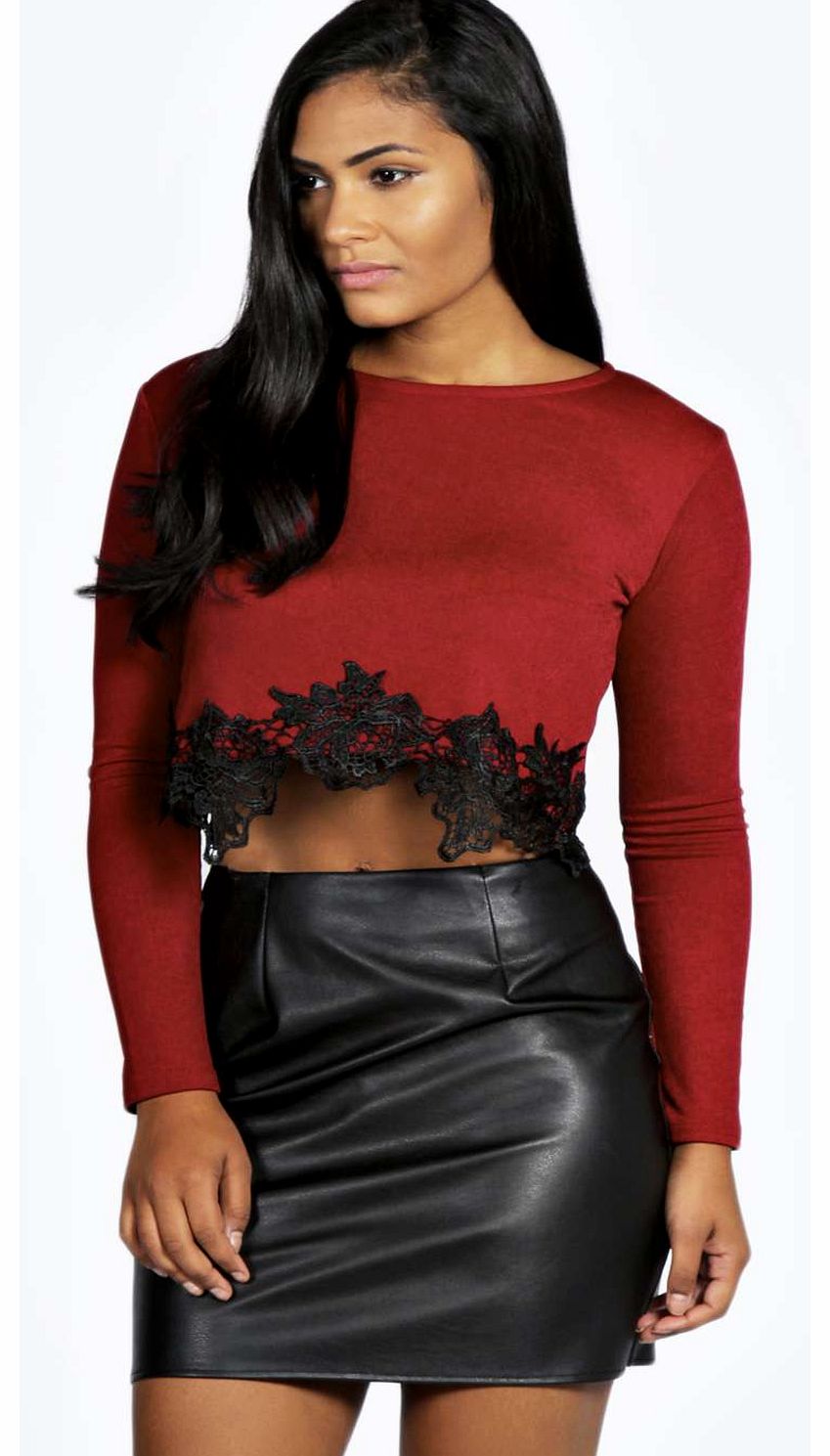 boohoo Maya Crochet Trim Long Sleeve Crop - wine azz18693