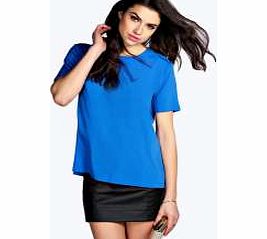 boohoo Maya Open Back High Neck Woven Top - mid blue