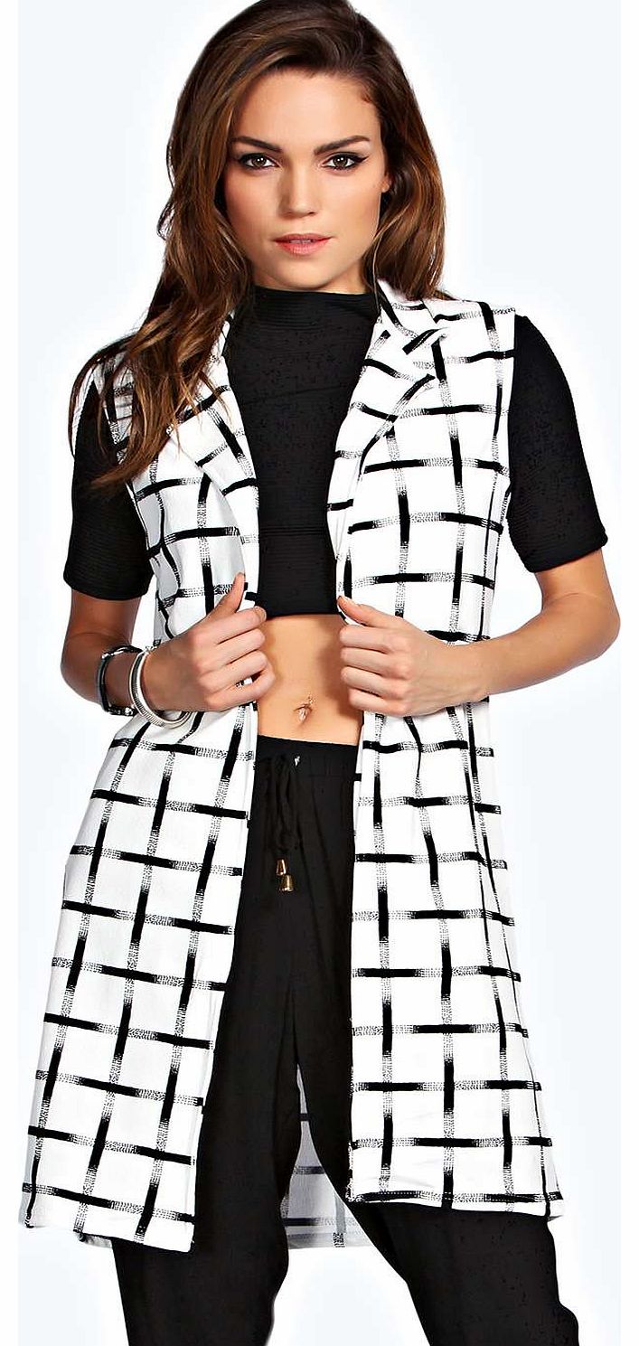 boohoo Maya Sleeve Less Check Duster - white azz18603