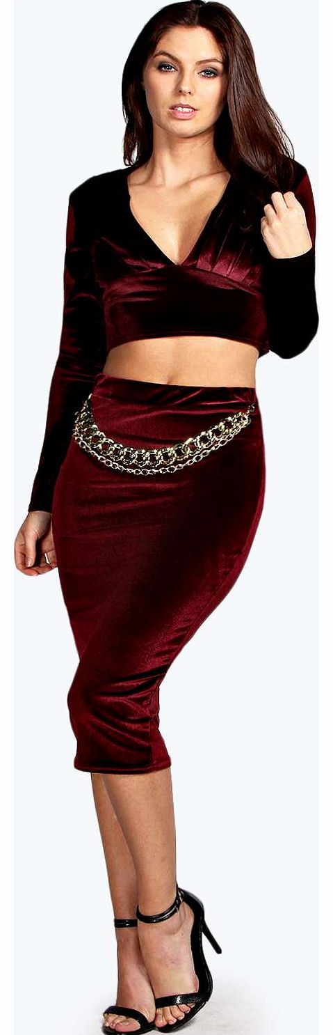 boohoo Meg Velvet Midi Chain Trim Skirt - wine azz16082