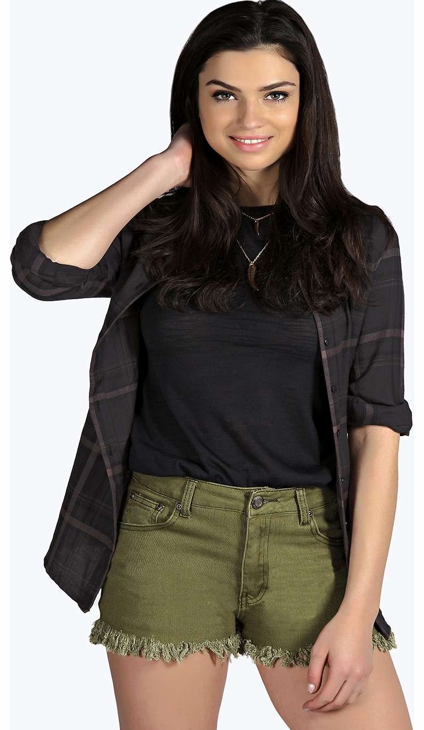 Megan Khaki Freyed Hem Denim Shorts - khaki