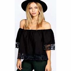 boohoo Megan Off The Shoulder Lace Trim Woven Top -
