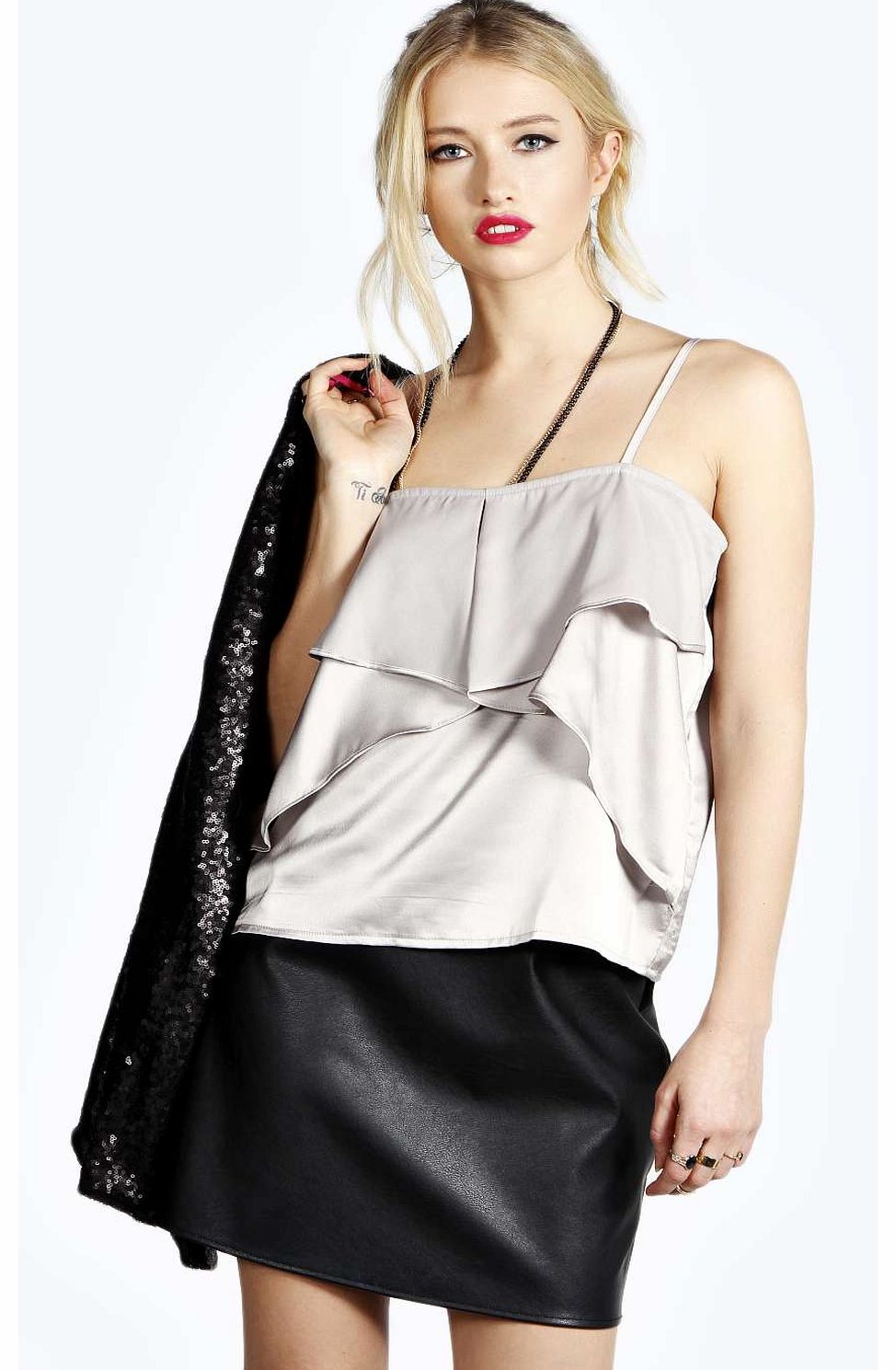 boohoo Melanie Layered Spaghetti Strap Crop Top - grey