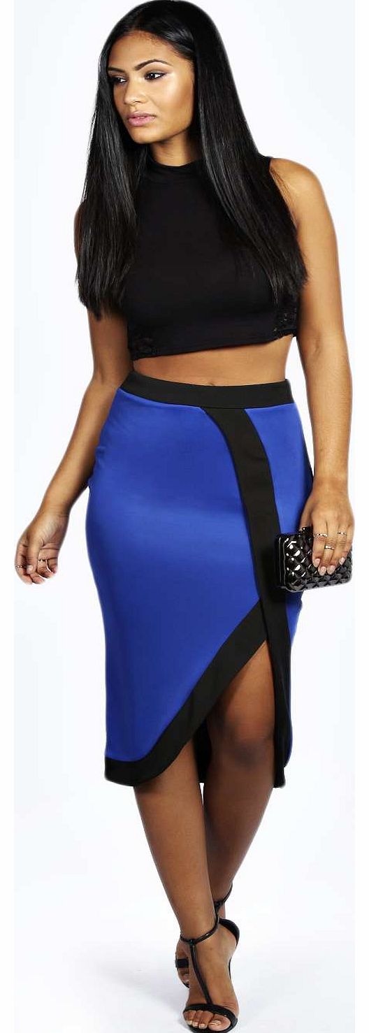 boohoo Mia Asymmetric Block Edge Scuba Midi Pencil