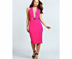boohoo Mia Halterneck Belted Midi Bodycon Dress -