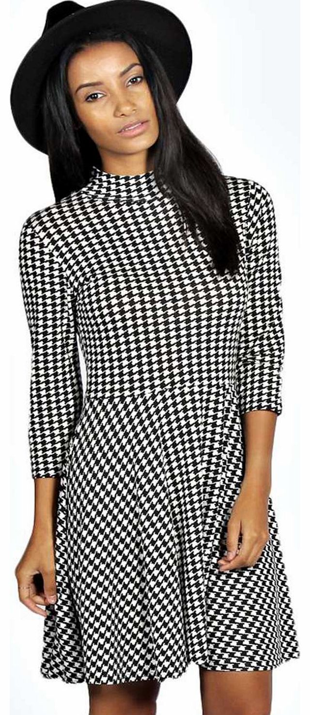 boohoo Micha Turtle Neck Dogtooth Skater Dress - black