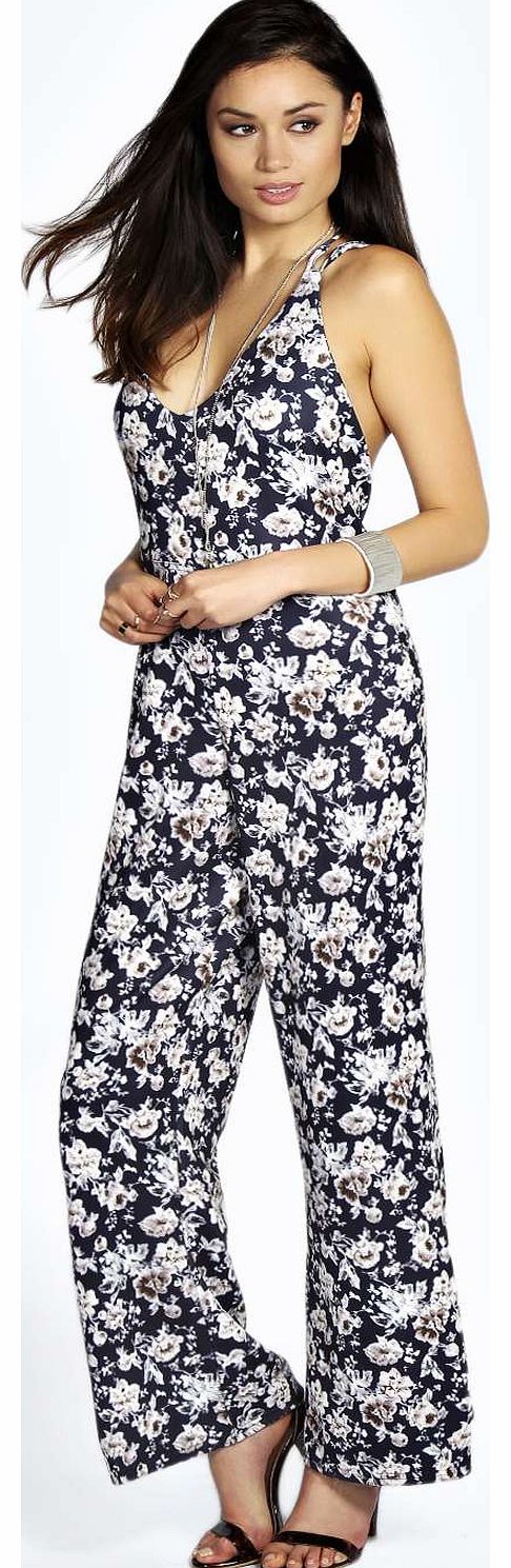 boohoo Michelle Floral Strappy Back Wide Leg Jumpsuit -
