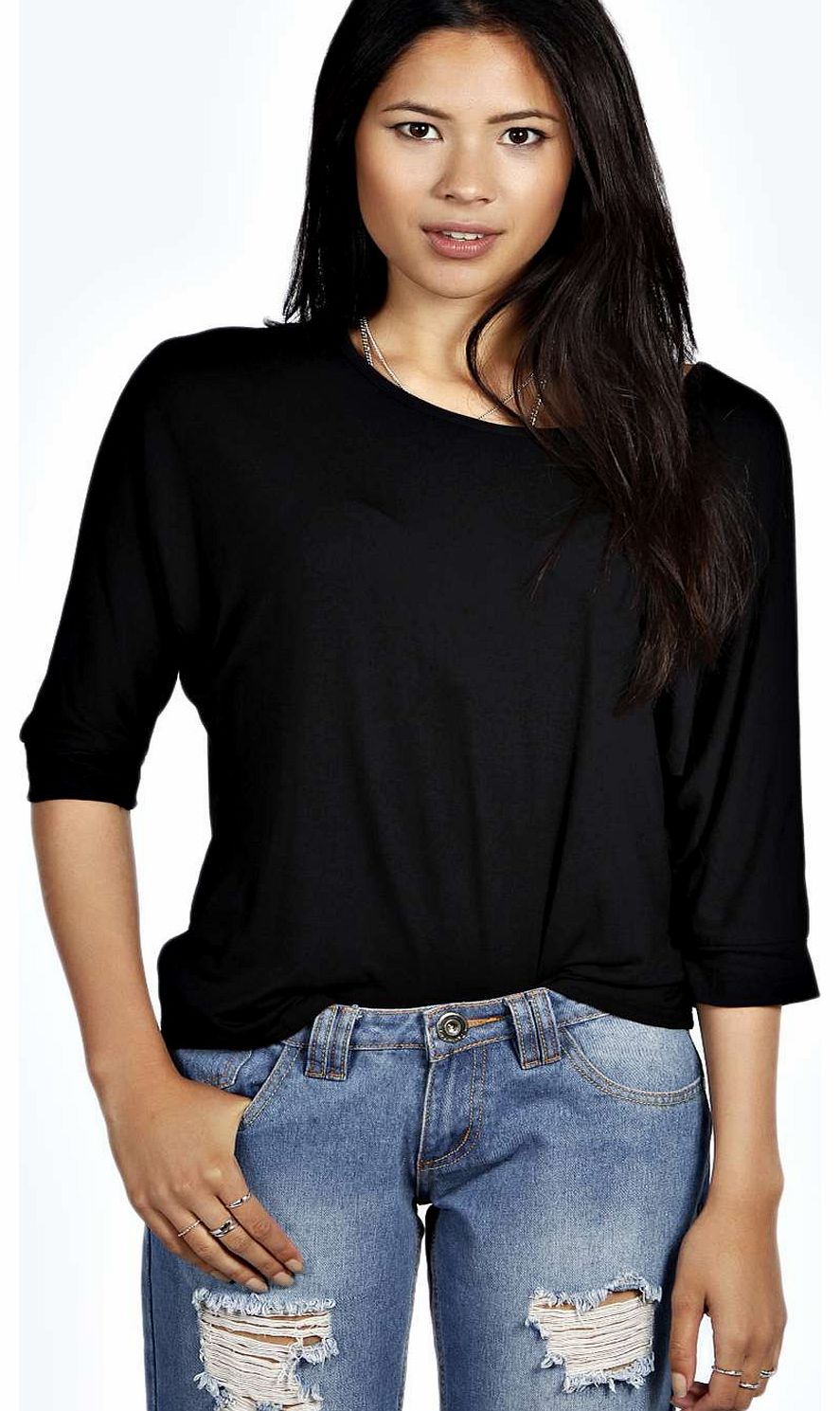 boohoo Millie Cut Out Back 1/2 Sleeve Tee - black