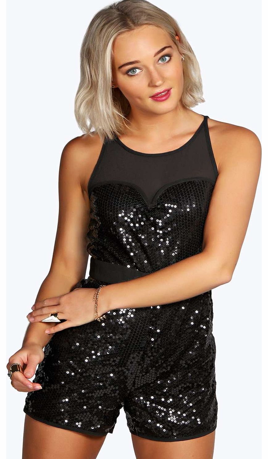 boohoo Milly Sequin Mesh Insert Sweetheart Playsuit -