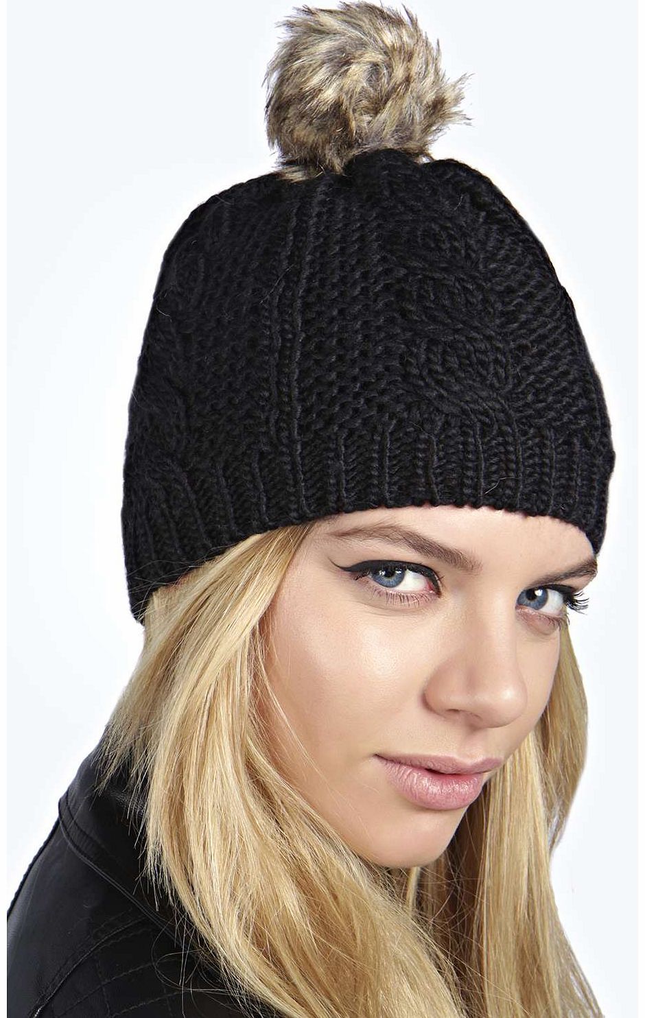 Mindy Faux Fur Pom Pom Cable Knit Beanie