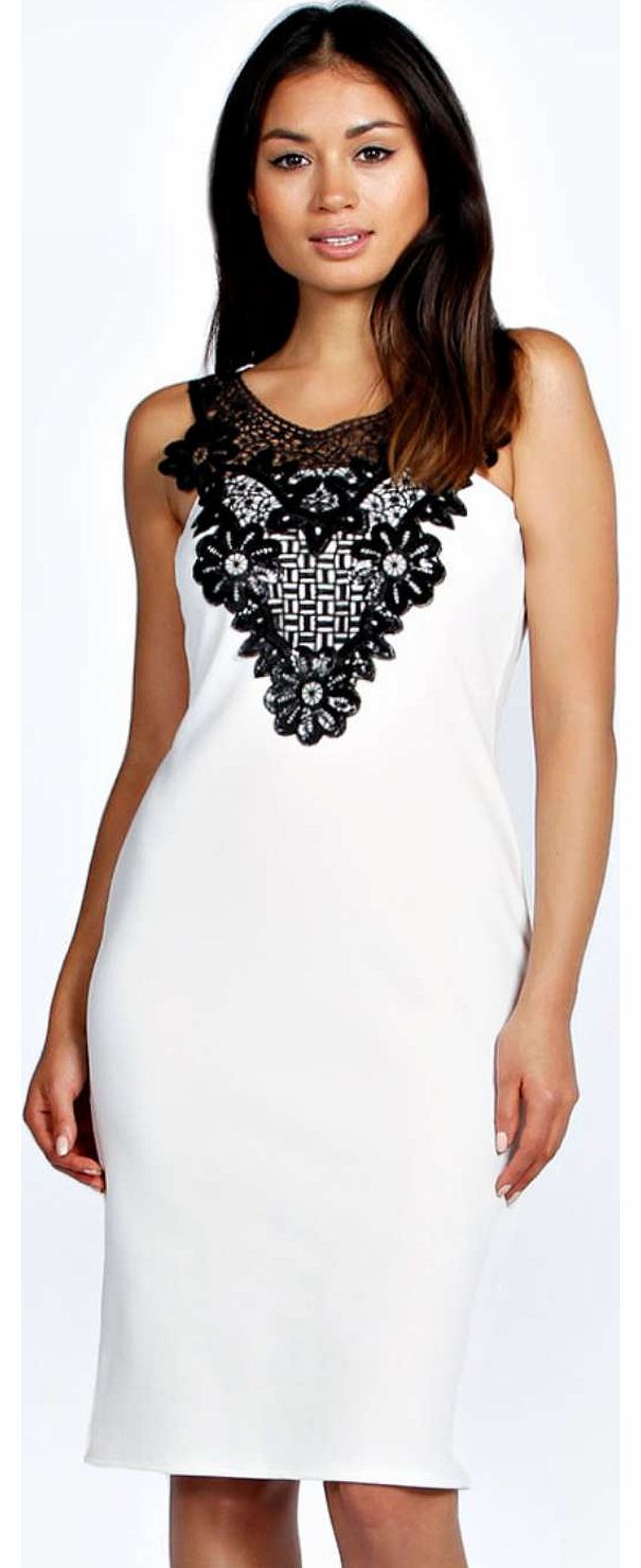 boohoo Minna Embellished Lace Front Midi Dress - cream