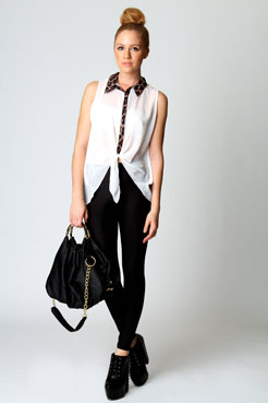 Boohoo Mischa Leopard Collar Tie Front Blouse