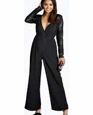 boohoo Misty Sequin Lace Sleeve Wide Leg Wrap Over