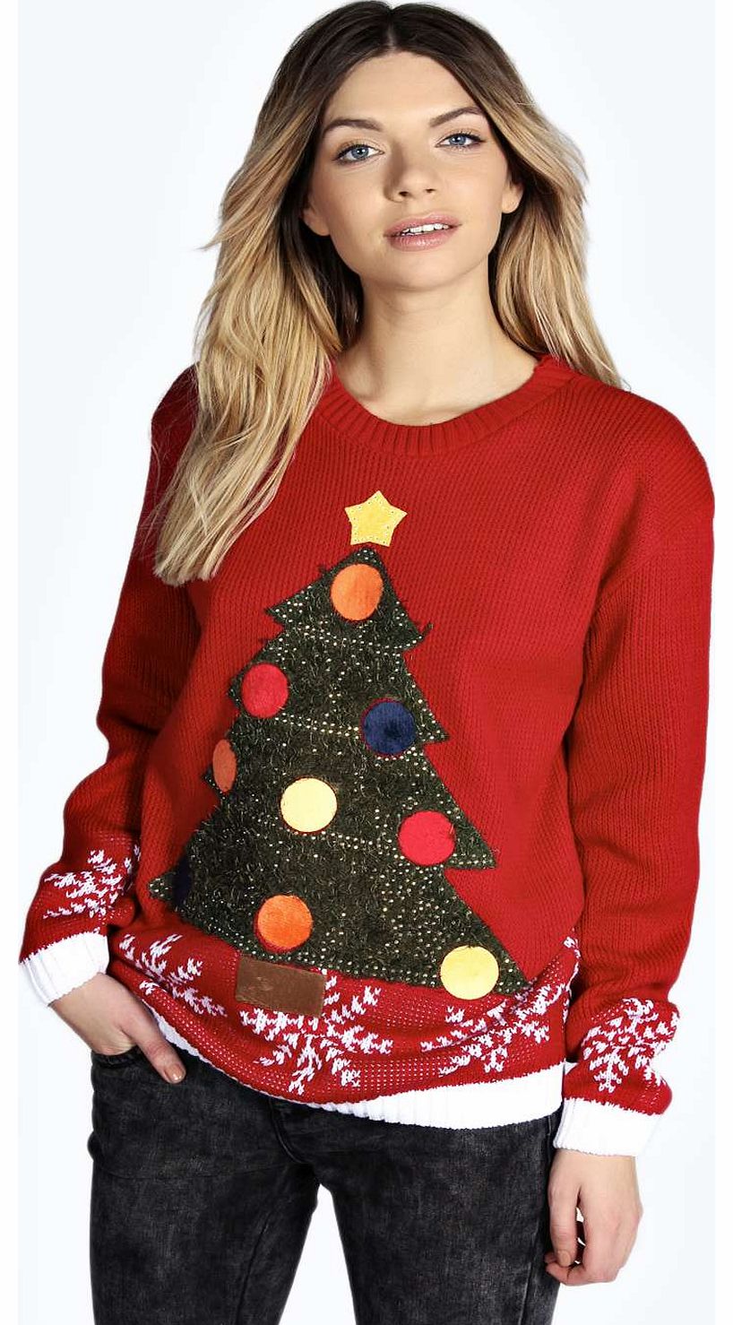 boohoo Molly Embellished Christmas Tree Jumper - red