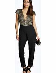 Molly Glitter Lace Deep Plunge Jumpsuit - black