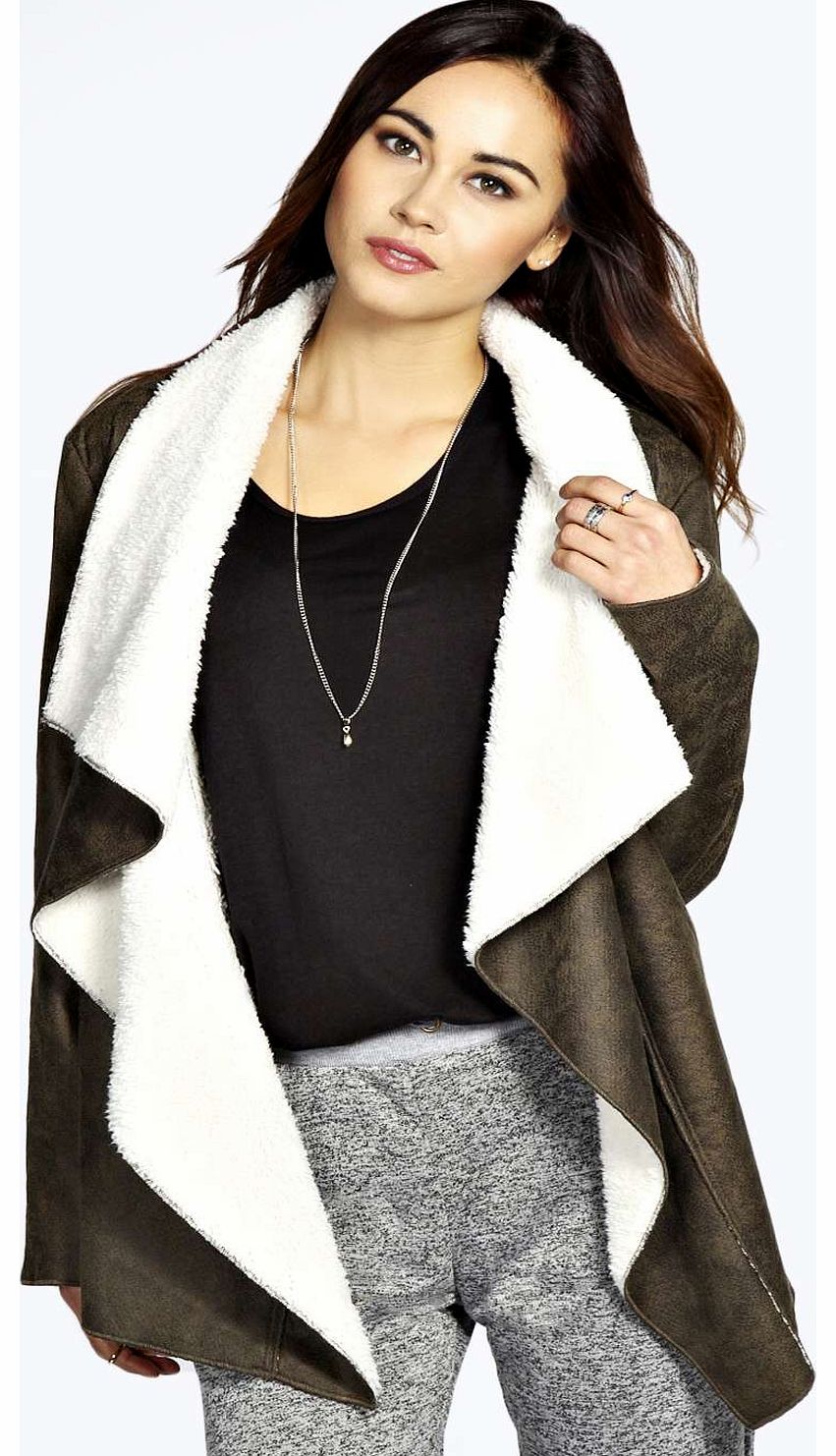 boohoo Molly Sherpa Lined Waterfall Jacket - khaki