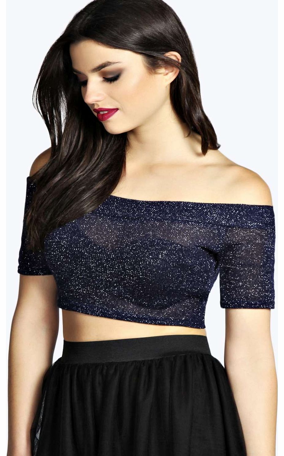 boohoo Mya Metallic Knitted Bardot Crop Top - navy