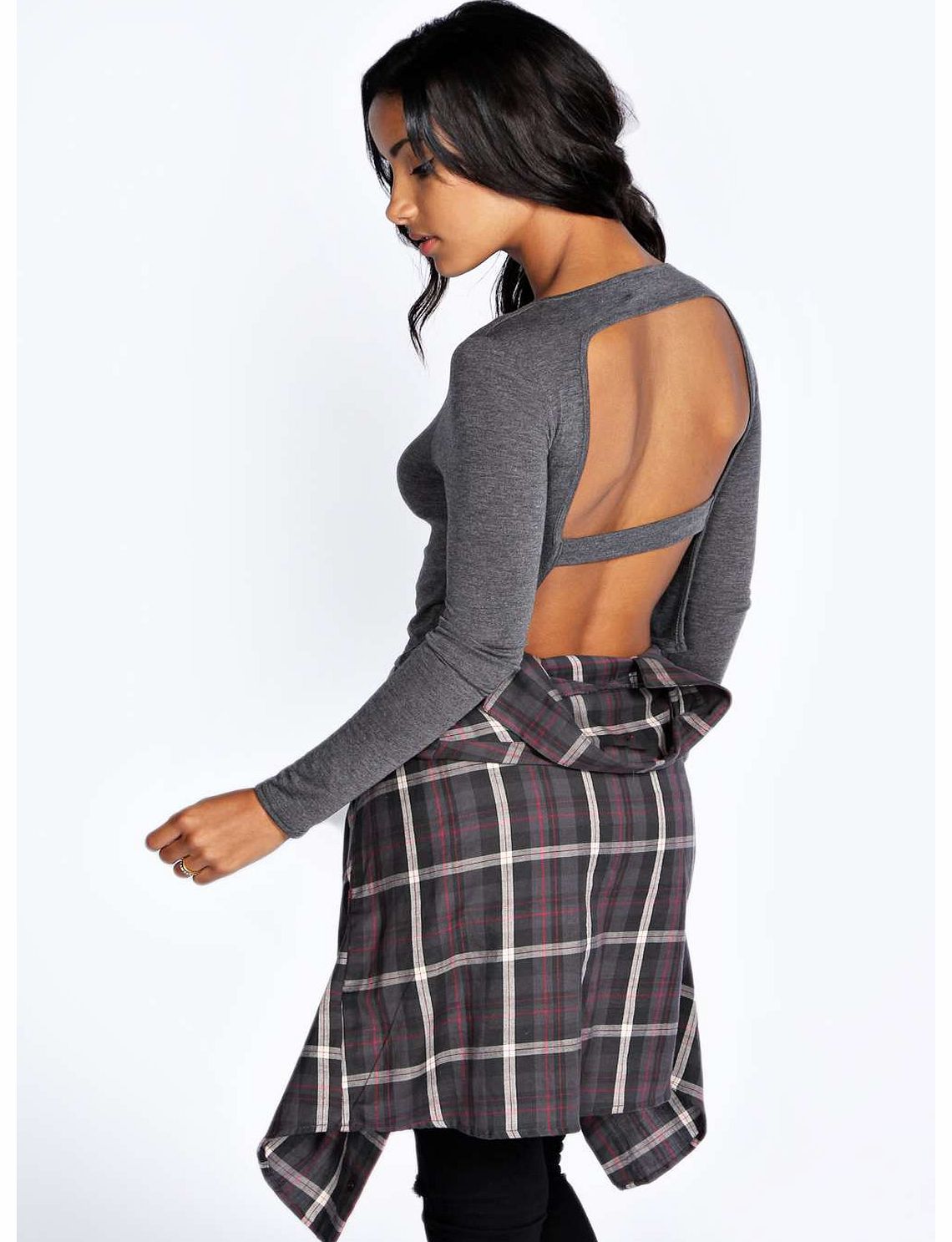 boohoo Naomi Open Back Strap Crop Top - charcoal azz18359