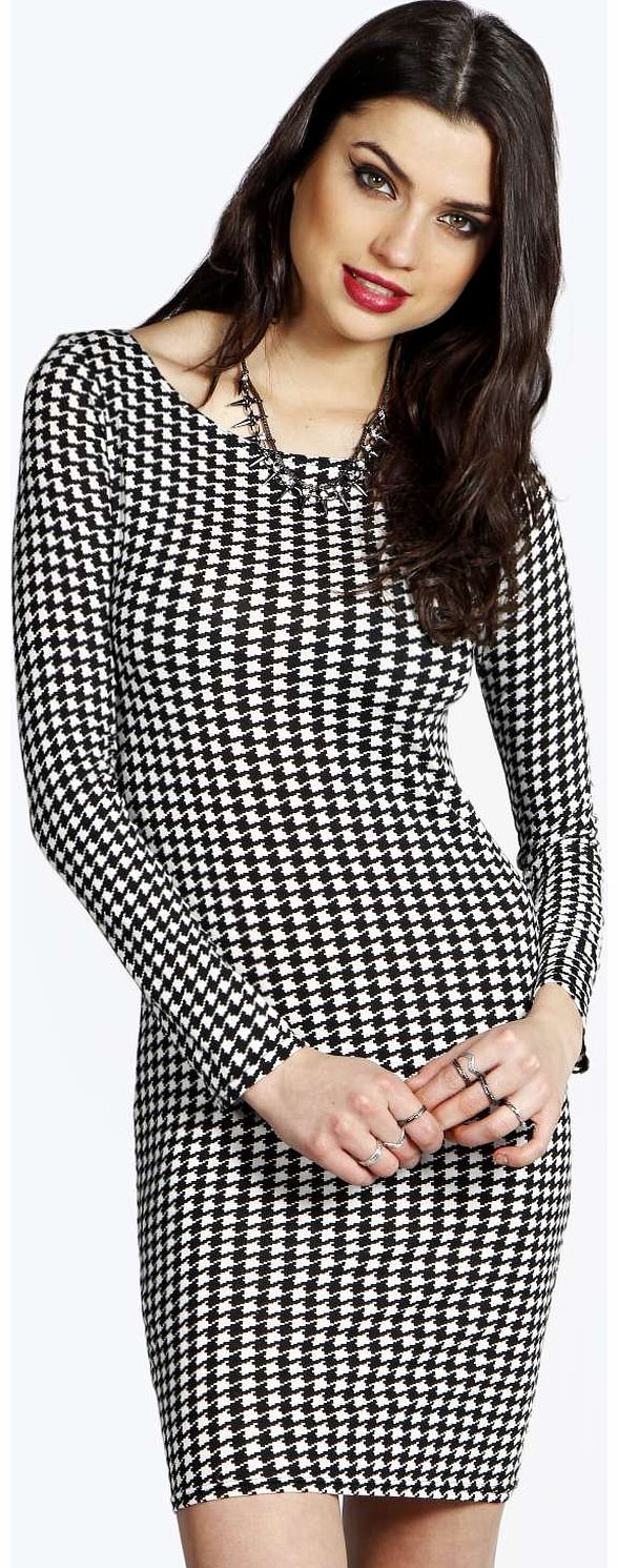 boohoo Natalia Dogtooth Long Sleeve Bodycon Dress -
